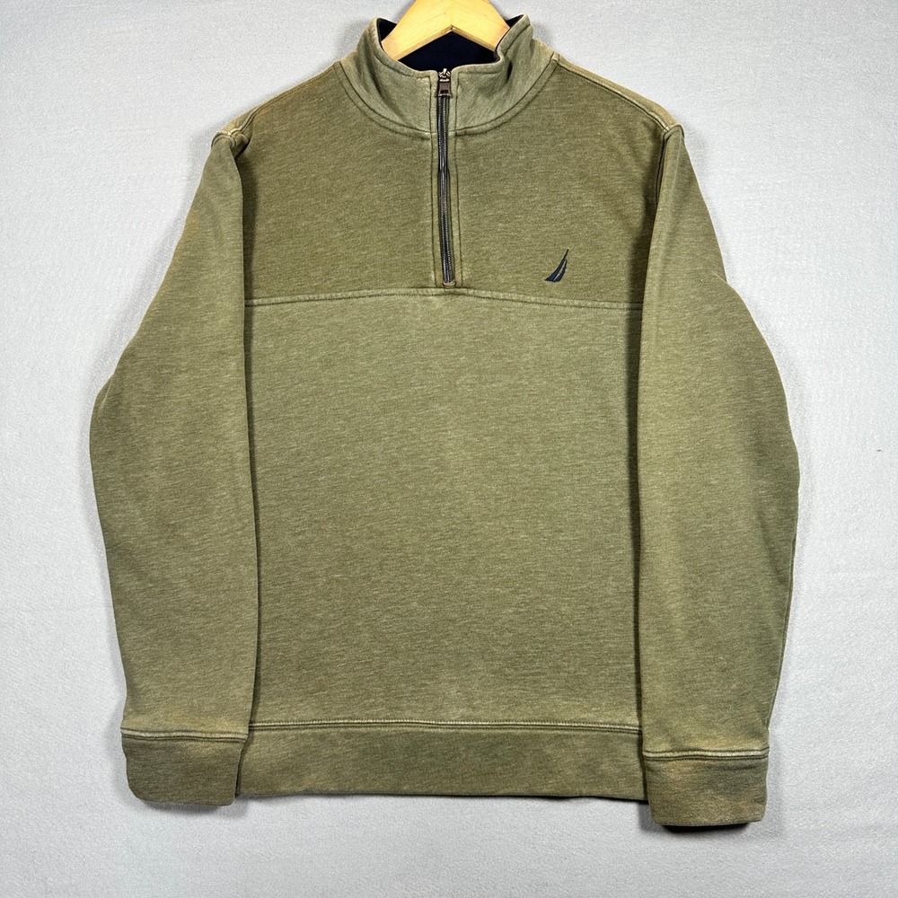 Nautica Mens Large Olive Green Heathered Quarter Zip Fisherman Pullover